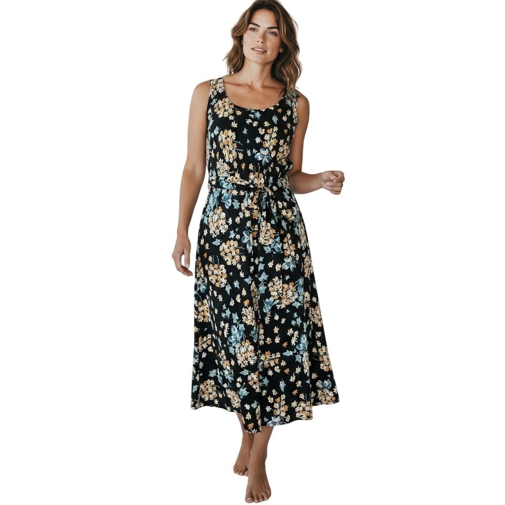 LAUREN Ralph Lauren Dark Floral Midi Dress 10 Black Belt Cottagecore Academia